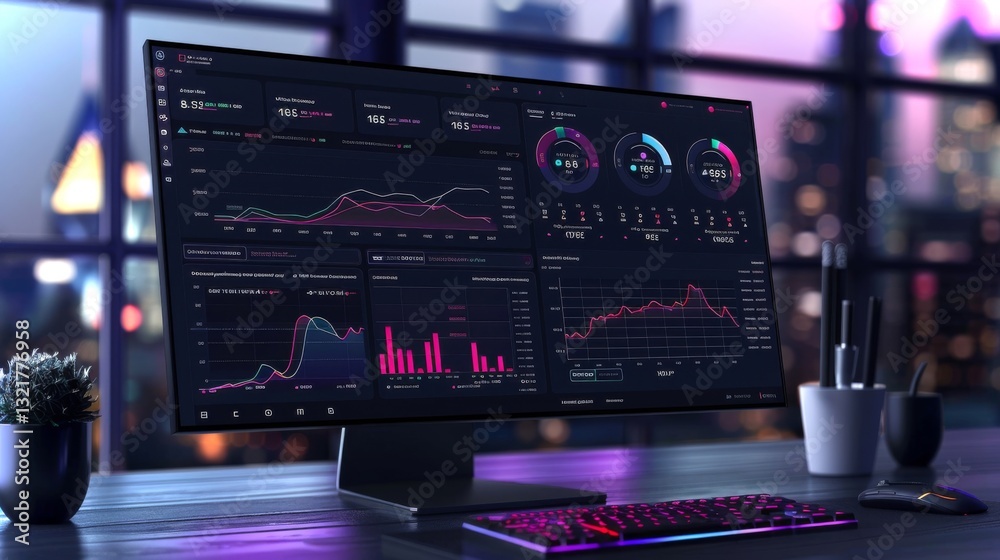 Poster A sophisticated data analytics dashboard is actively displaying insights on a modern computer monitor.