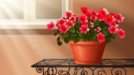A Stunning Still Life of Vibrant Pink Flowers in a Terracotta Pot on a Ornate Table