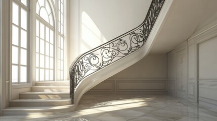 Beautiful curved staircase with ornate railing inside a spacious building