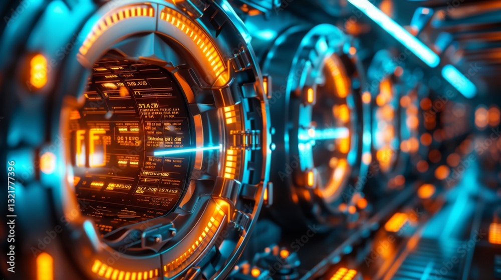 Poster Illuminated orange circular interfaces in a futuristic setting showcase intricate digital readouts and advanced circuitry, creating an engaging tech atmosphere.