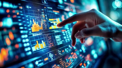 Hand touching interactive financial dashboard with glowing charts and data visualization. Blue digital interface with statistical graphs for market analysis. Tech screen with economic indicators - Powered by Adobe