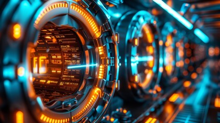 Illuminated orange circular interfaces in a futuristic setting showcase intricate digital readouts and advanced circuitry, creating an engaging tech atmosphere.