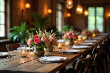 Rustic wooden tables, floral centerpieces, charming lighting, rustic wedding, vintage, chandelier