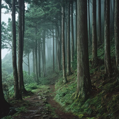 Obraz premium a dense forest with tall, slender trees stretching upward. The ground is covered with thick green moss, bushes and ferns 