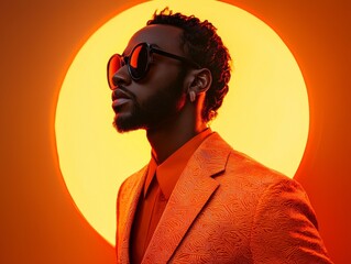 Stylish Man with Sunglasses in Front of a Yellow Circle Background