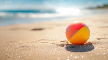 Obraz premium Colorful beach ball on sandy shore (1)
