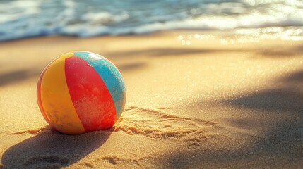 Obraz premium Beach ball on sandy shore at sunset. Possible use Travel poster