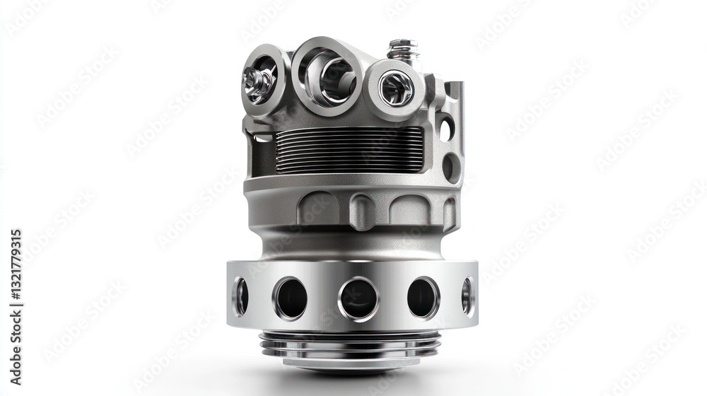 Poster detailed close-up of a complex metallic industrial component, showcasing intricate design and manufa