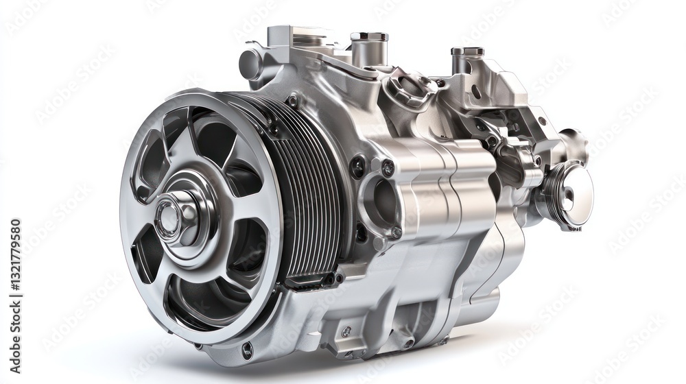 Poster detailed close-up of a disassembled metallic engine component against a white background.