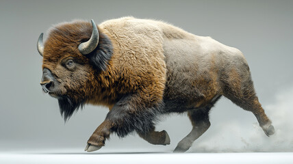 bison side view running raising dust from the ground