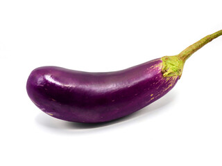A fresh, glossy eggplant rests against a clean white background, showcasing its deep purple hue and smooth, firm texture