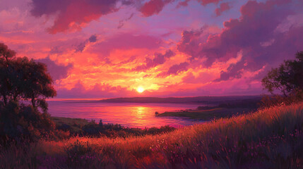 Fototapeta premium Sunsets over the horizon paint the sky with warm shades of pink, orange, and purple.
