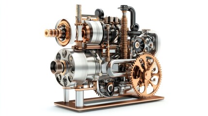 Fototapeta premium Detailed cutaway of a complex mechanical engine, showcasing intricate gears, pistons, and other internal components.