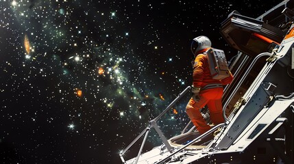 The astronaut in the orange suit stands on the exterior of a spaceship, gazing at another universe or distant galaxy, conveying the feeling of exploration and discovery