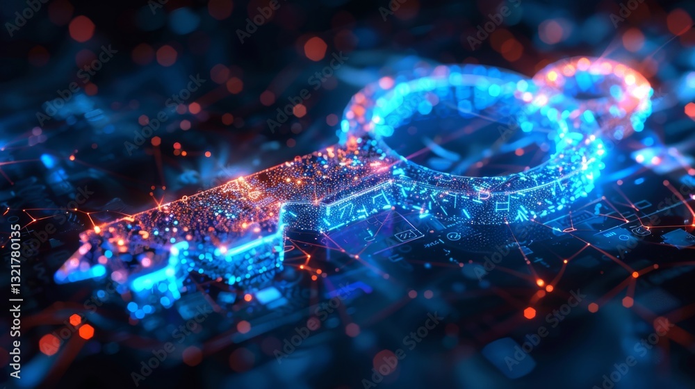 Poster A vibrant key design glows with blue and orange lights, merging abstract technology and security concepts, showcasing digital connectivity in a modern environment.