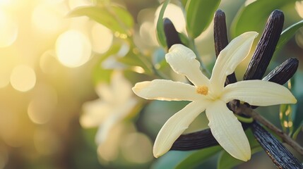 Obraz premium Exotic vanilla flower and pods in a sunlit, natural setting for culinary artistry