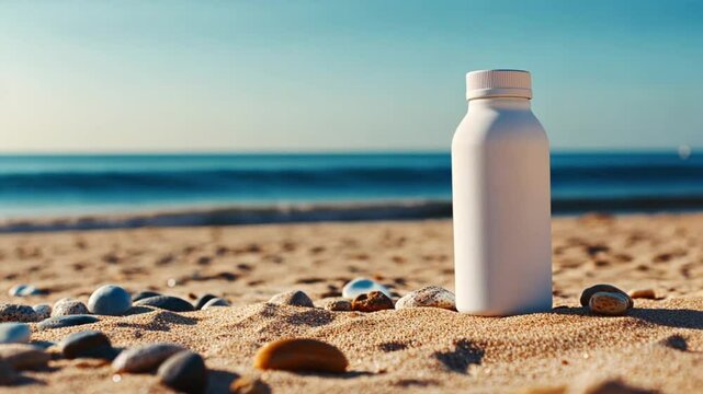 White bottle on beach sand with ocean view, mockup for branding