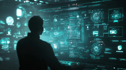 A futuristic digital interface displays interconnected glowing icons, representing customer service, call centers, and a virtual contact system