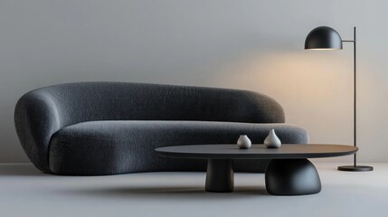 Modern minimalist living room with a curved sofa and a round coffee table