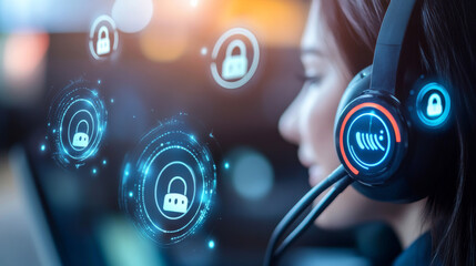 A futuristic digital interface displays interconnected glowing icons, representing customer service, call centers, and a virtual contact system