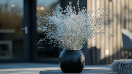 A delicate blue fescue ornamental grass in a stylish black container, with fine silvery-blue blades 