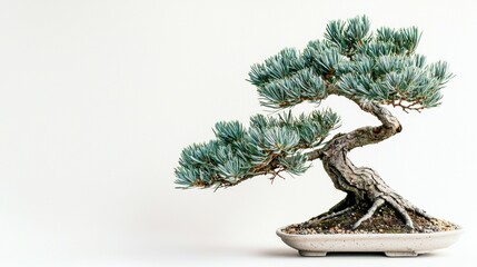 A delicate bonsai pine tree with rugged branches and rich green needles, isolated in a clean setting 