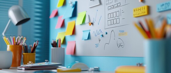A colorful wall with a whiteboard and a lot of colorful sticky notes