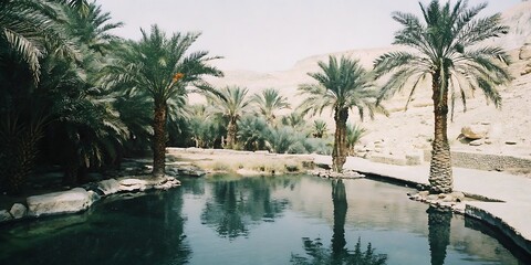 Obraz premium Oasis, Palm Trees, Water, Reflection
