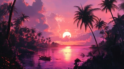 Tropical sunset scene on a calm bay, featuring silhouette of a small boat; perfect for wallpapers or travel advertising