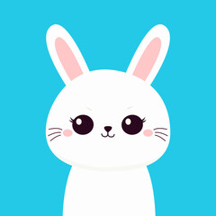 Cute Bunny. White rabbit hare face head silhouette. Funny kawaii doodle animal. Happy Easter. Cute cartoon funny pet character. Ear, eye, cheeks. Flat design. Blue background. Vector