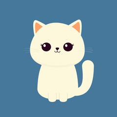 Cat sitting. White kitten. Funny face head silhouette. Cute cartoon funny kitty character. Kawaii animal in love. Happy Valentines Day. Greeting card. Flat design. Isolated. Blue background. Vector