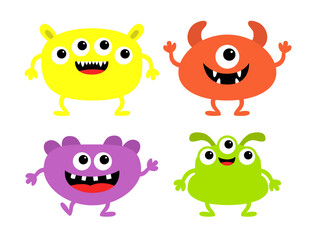 Obraz premium Monster set. Different face. Happy Halloween. Colorful silhouette monsters. Cute kawaii cartoon funny boo character. Teeth, eyes, horns hands. Childish style. Flat design. White background. Vector