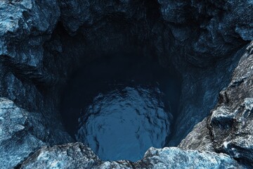 Dark, deep hole filled with still water, rocky edges.