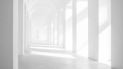 A long white hallway with architectural arches and natural light