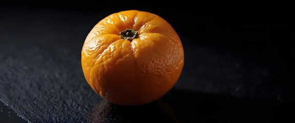 Photo copy space one fresh orange without leaves on dark black blank background