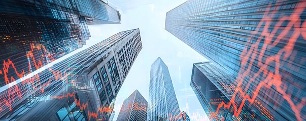Low angle view of skyscrapers overlaid with a stock chart