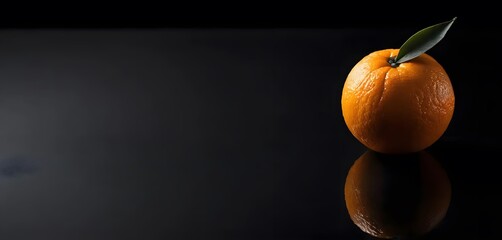 Photo copy space one fresh orange without leaves on dark black blank background