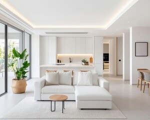 A clean white living room with automated energysaving smart lighting