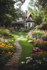 Fototapeta premium A delightful cottage nestled amidst a lively flower garden, complete with a charming stone pathway, all bathed in the warm glow of a sunny day