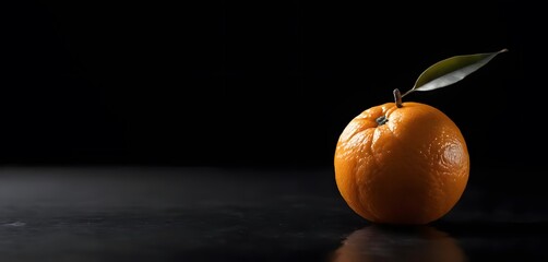 Photo copy space one fresh orange without leaves on dark black blank background