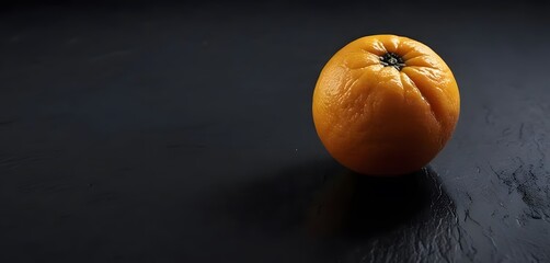 Photo copy space one fresh orange without leaves on dark black blank background