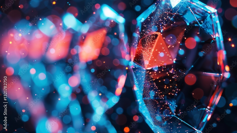 Aufkleber Intricate geometric shapes and sparkling particles emit a radiant glow, creating a captivating digital landscape filled with blue, red, and purple hues that evoke a sense of wonder.