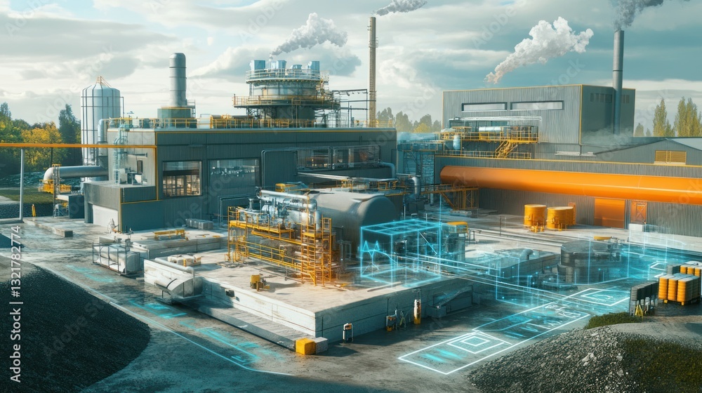 Poster digital overlay showing industrial plant automation and processes.