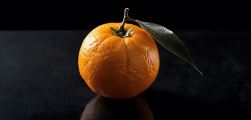Photo copy space one fresh orange without leaves on dark black blank background