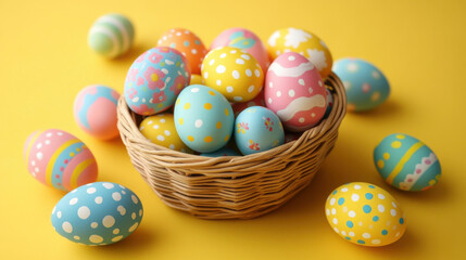 Fototapeta premium Colorful easter eggs in wicker basket on bright yellow background