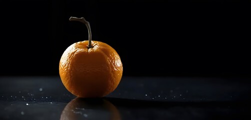 Photo copy space one fresh orange without leaves on dark black blank background