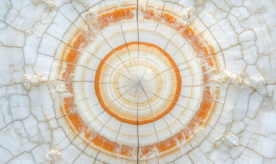 Stunning close-up of a tree cross-section, showcasing intricate concentric rings and warm orange hues against a stark white background.  Detailed texture perfect for design projects.