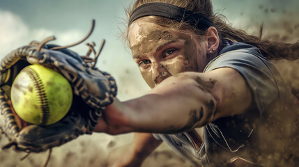 Female softball player catching the ball