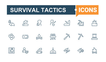 Survival Tactics linear icon collection. Contain linear sign saving,  survivor, war, rescue, survival kit, self preservation and more. Survival icon collection. Conceptual pictogram and infographic.