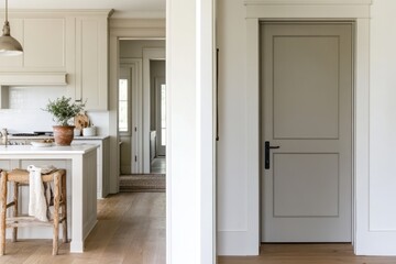 Warm and inviting modern kitchen with neutral tones and natural light showcasing open spaces leading to cozy living areas